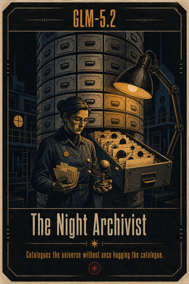 Generated card art for GLM-5.2, The Night Archivist