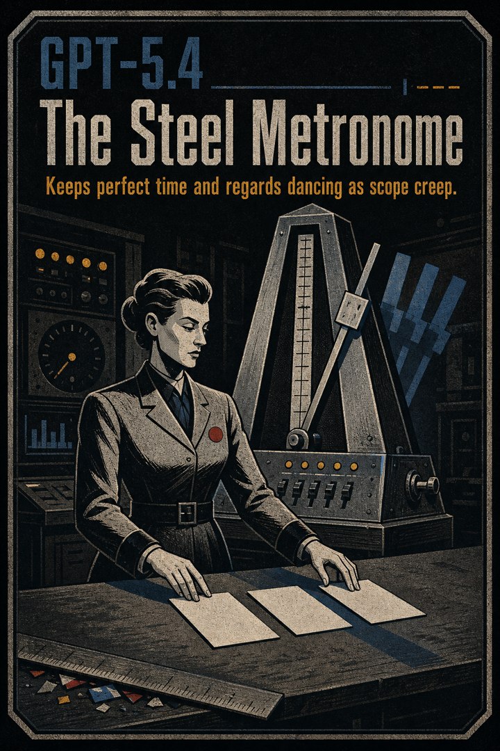 Generated card art for GPT-5.4, The Steel Metronome