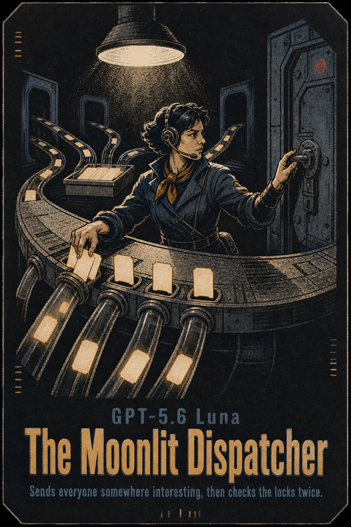 Generated card art for GPT-5.6 Luna, The Moonlit Dispatcher