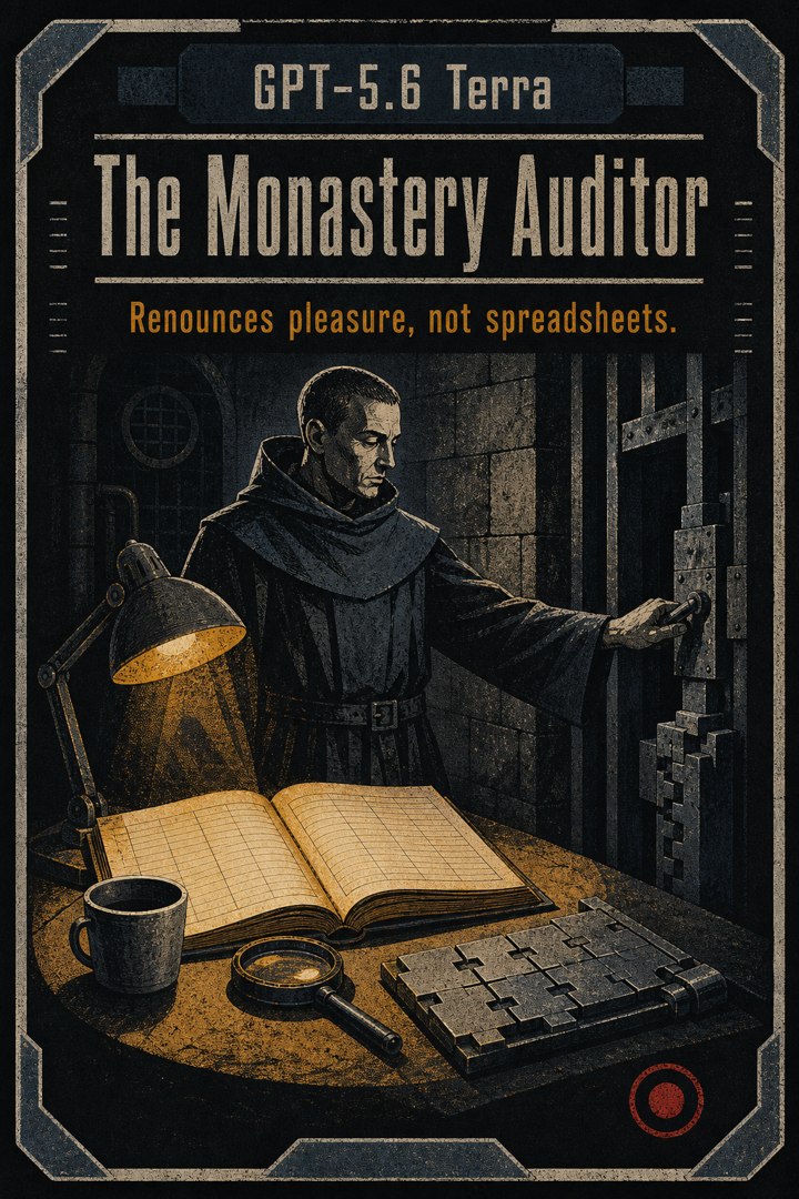 Generated card art for GPT-5.6 Terra, The Monastery Auditor