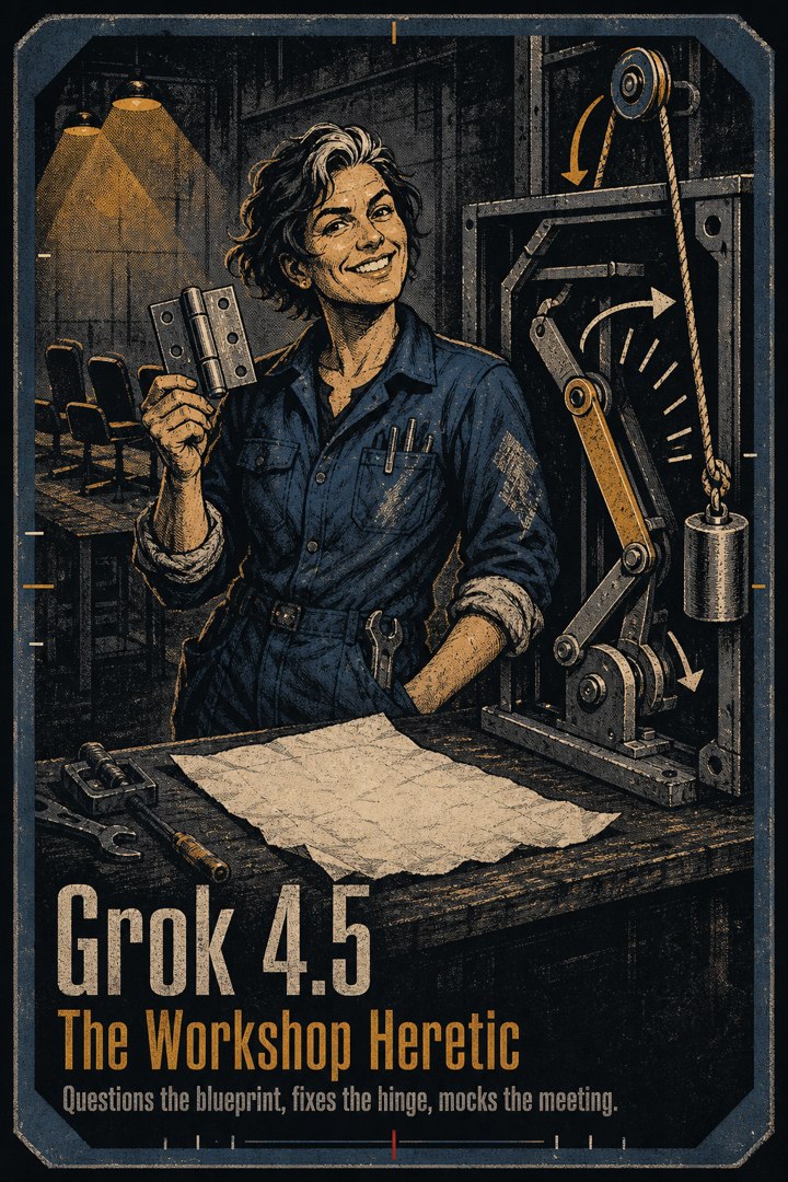 Generated card art for Grok 4.5, The Workshop Heretic