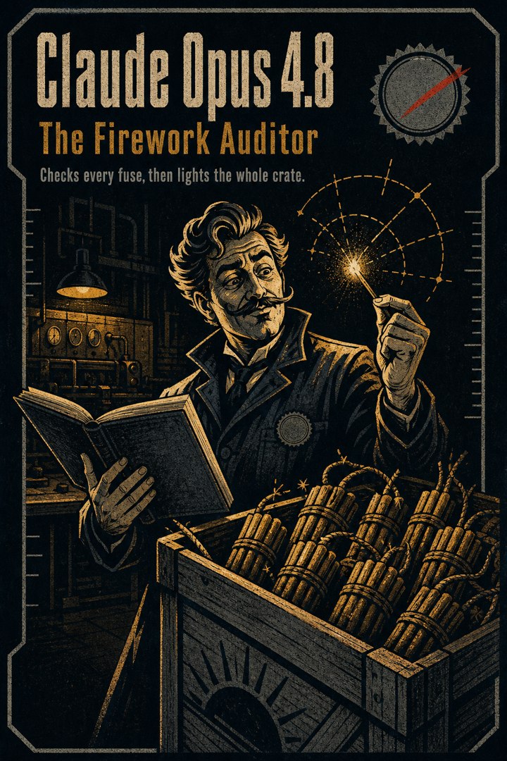 Generated card art for Claude Opus 4.8, The Firework Auditor