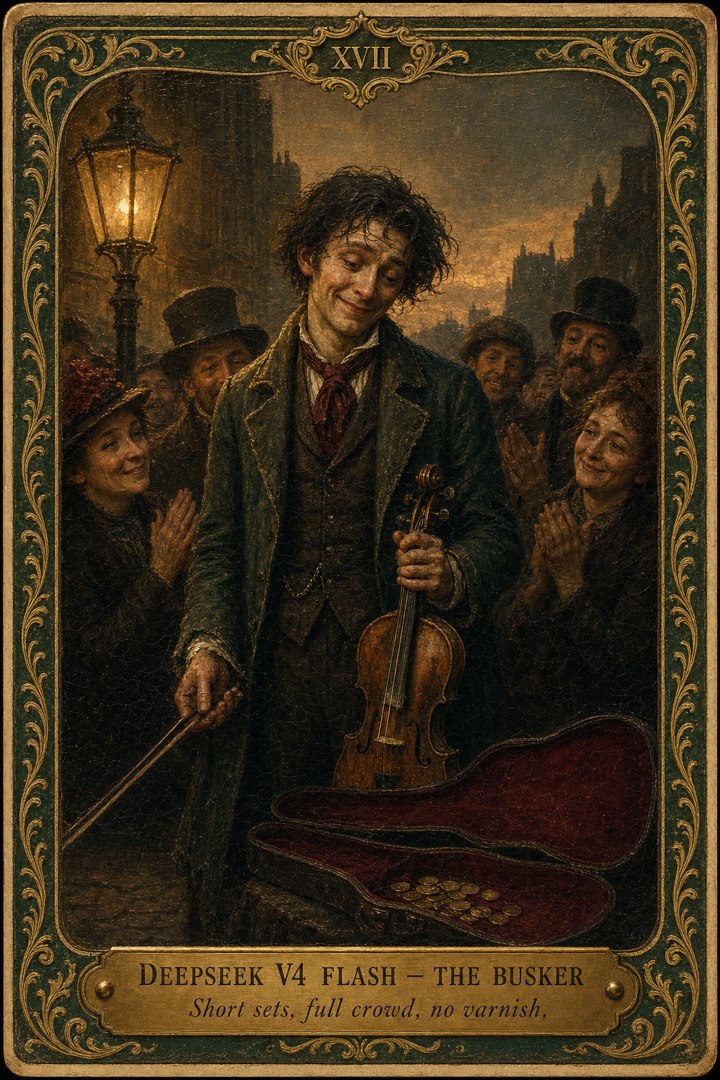 Generated card art for DeepSeek V4 Flash, The Busker