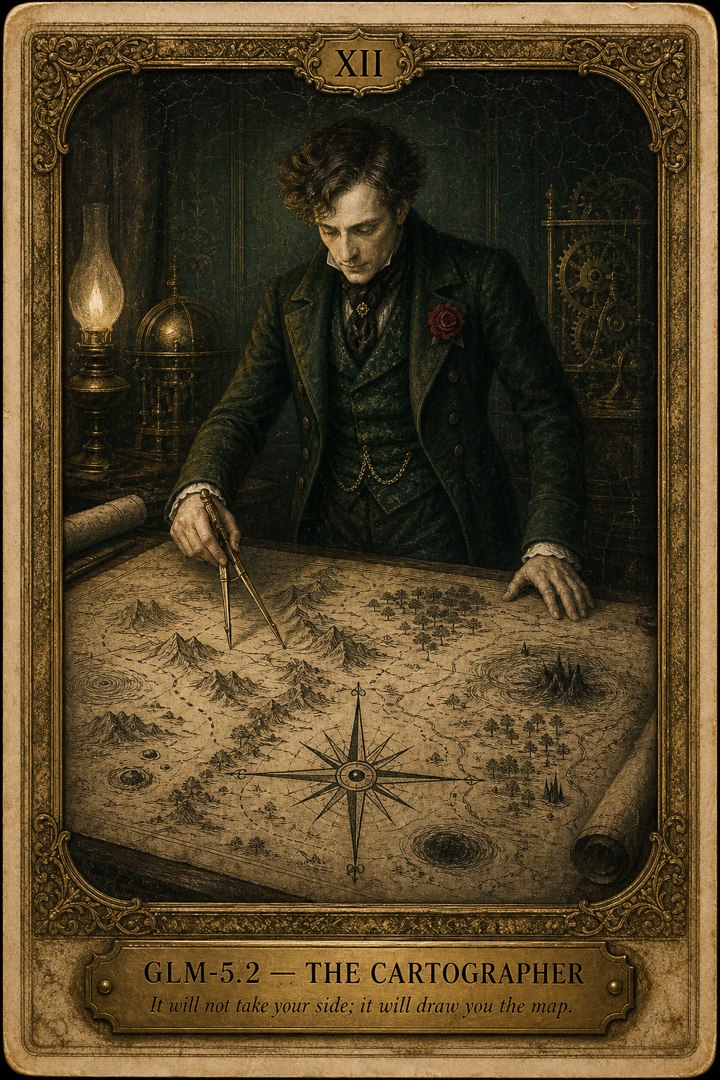 Generated card art for GLM-5.2, The Cartographer