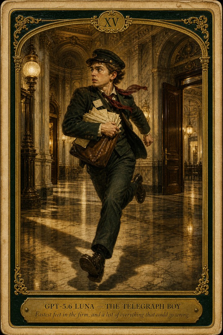 Generated card art for GPT-5.6 Luna, The Telegraph Boy