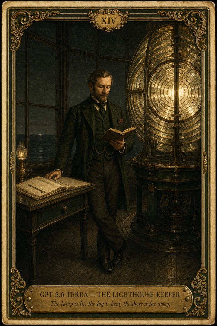 Generated card art for GPT-5.6 Terra, The Lighthouse-Keeper