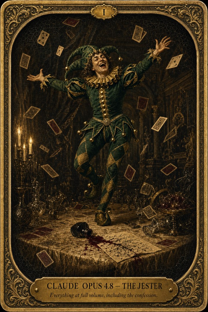 Generated card art for Claude Opus 4.8, The Jester