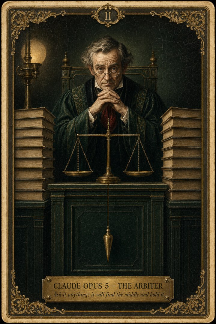 Generated card art for Claude Opus 5, The Arbiter