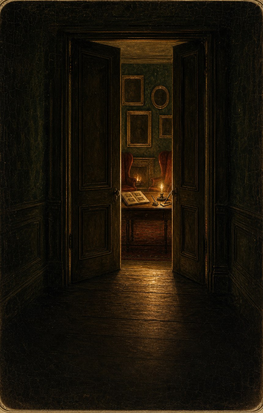 A painted Victorian parlour door standing ajar at night, gaslight spilling from the writing room within.
