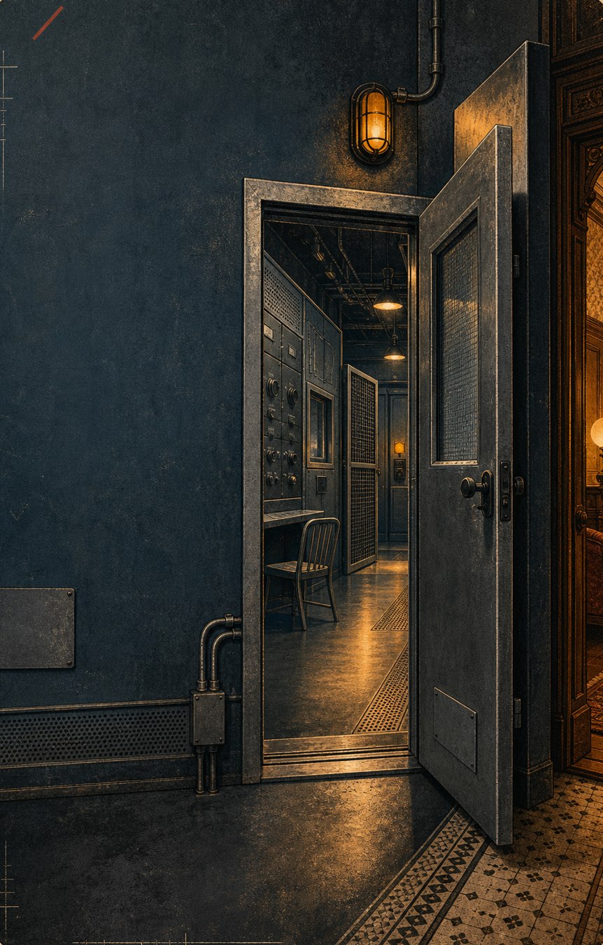 An industrial service door swung open onto a night machine room, sodium-amber light marking the way in.